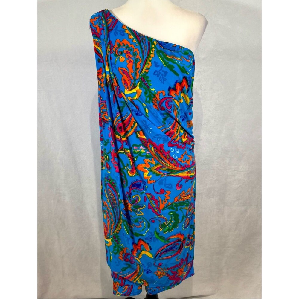 Ralph Lauren blue tropical one shoulder faux wrap resortwear dress size 14 - Picture 2 of 7